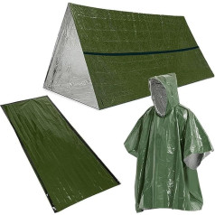 EpheyFIF Emergency Tent with Poncho and Emergency Sleeping Bag, Emergency Tent for Hiking, Earthquake Preparation, Surplus Camping Equipment (Green)