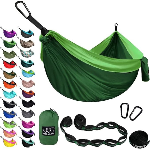 Gold Armour Camping Hammock - Extra Large Double Parachute Hammock (2 Tree Straps 32 Loops, 29 Colours/Patterns) Lightweight Nylon Adult Children (Green)