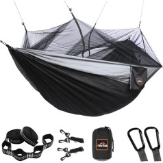 AnorTrek Camping Hammock with Mosquito Net, Portable Double and Single Hammocks with Tree Straps and Carabiners, Parachute Hammock for Camping, Backpacking, Travel and Hiking, Black & Grey