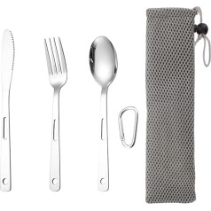 3 Piece Cutlery Set, Ultra Lightweight Knife Fork and Spoon Stainless Steel 3 in 1 Cutlery Set for Outdoor Camping Hiking with Drawstring Bag and Carabiner