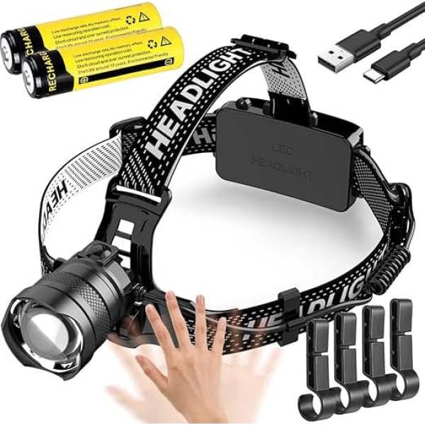 NAKCNM Headlamp with Motion Sensor Rear Light, LED Rechargeable LED Head Torch, 15000 Lumens, 3 Modes, 90° Adjustable, Waterproof for Hiking, Fishing, Camping