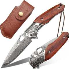 JINPIKER Damask Folding Knife Pocket Knife Damascus Knife with Damascus Steel Blade, Wooden Handle, Flipper, Knife Sheath Leather Fishing Knife Sharp One-Handed Knife EDC Knife for Outdoor Survival