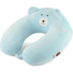 U Shaped Elastic Travel Pillow, Neck Pillow, Memory Foam Neck Pillow, Cartoon Animal Shape, Plush Neck Support with Eye Mask, Earplugs, Storage Bag (Chick) (Color : Blue Bear)