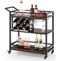 COSTWAY Serving Trolley with Wheels, 3-Tier Kitchen Trolley with Wine Rack & Glass Holder, Lockable Bar Trolley, Metal Frame, for Dining Room, Kitchen, Living Room, Party, Bar, Industrial Trolley