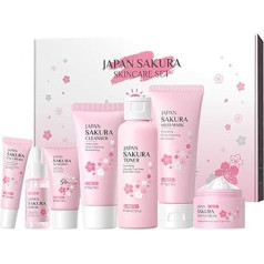 Skincare Kit for Women/Girls, Japan Sakura 7-in-1 Women Beauty Gift Sets - Cleanser, Mud Mask, Toner, Serum, Eye Cream, Essence, Cream and Sunscreen, Deep Hydration, Anti-Ageing Skin Care Routine Kit