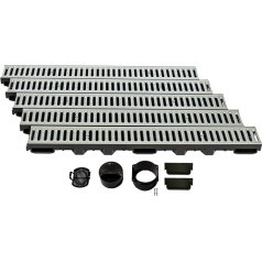 ScarMaxx - A15 Drainage Channel Set - Floor Gutter - Rainwater Drain - Drain with Grid - Drainage Channel - Flat - Plastic - Height 60 mm - with Galvanised Steel Bar Grate - 5 m