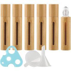 ZEOABSY Empty 10 ml Clear Glass Roller Bottles with Bamboo Bowl, Natural Bamboo Roll-On Glass Bottles with Stainless Steel Roller, for Essential Oil, Aromatherapy + Funnel, Opener, natural
