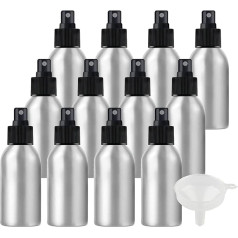 ZEOABSY Pack of 12 100 ml Empty Aluminium Spray Bottle with Black Spray Head Perfume Atomiser Fine Mist Water Sprayer Atomiser Refillable for Perfume Essential Oil, 1 x Funnel