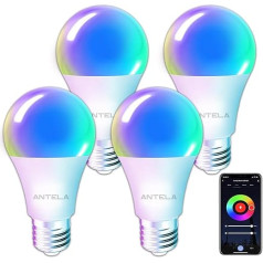 ANTELA Alexa Light Bulb E27 7W 806LM RGB 2700K-6500K Warm White Cool White Light Smart WiFi LED Dimmable Bulb Lamp, Compatible with Google Home, Smart Life App, Pack of 4