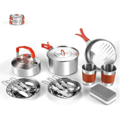 Odoland 15 Pieces Stainless Steel Camping Pots Pans Kettle Set with Stainless Steel Cups for Camping, Backpacking, Outdoor Cooking and Picnic