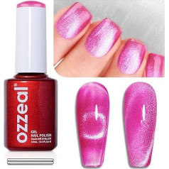 Ozzeal Cat Eye UV Gel Nail Polish, 15 m Hot Pink Crystal Magnetic Cat's Eye UV Nail Polish Spring Summer Glitter Gel Nail Polish Holographic Shimmer Gel Nail Polish Soak Off UV LED