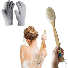 Shower Back Scrubber Double Sided Body Brush Head Long Wooden Handle 50cm (Wood Scrub with Bath Gloves)