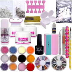 Warm Girl Acryl-Nagel-Set, Acryl-Pulver, 3 Farben, 8 g, Acrylflüssigkeit, 12 Glitzerpuder, Grundierung, 8 ml, Nagelkunst-Pinsel, Nagelspitzen, Nagelpuder-Set für Nagelverlängerung
