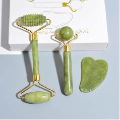 3 Pieces Jade Face Shaping Tool Roller Massager Gua Sha Gift Set Stone Jade Gua Sha Scratch Massager for Women Amp Roller for Face Scraper Eye Roller for Swollen A