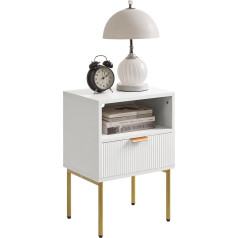 Ibuyke Mid-Century Modern Bedside Table with Storage Drawer, Small Black Bedside Table with Gold Frame for Bedroom, Living Room, White WNS008W