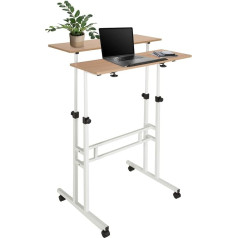 Hjh Office 830069 Standing Desk, Height-Adjustable Workstation, 80 x 60 cm, White/Oak Computer Desk with Wheels, Laptop Table, Tiltable