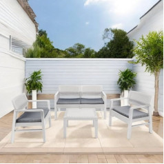 Dmora - Carpi Outdoor Lounge Set, Garden Set with 2 Armchairs, 1 Sofa and 1 Coffee Table, Rattan Look Seating Corner with Cushions, 100% Made in Italy, White