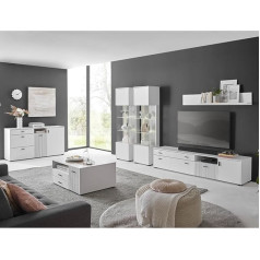 Lomadox Living Room Set White Matt Black Grooved Chest of Drawers Coffee Table 2 Display Cabinets Glass Base LED Lighting 200 cm Lowboard Wall Shelf