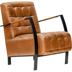 MASSIVMOEBEL24.DE Iron Label Real Leather Armchair, Buffalo Leather, Cognac, 64 x 76 x 83 cm, Metal Armrests and Legs, Relaxing Chair, TV Chair, Lounge Chair
