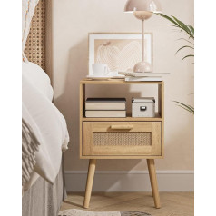 Heyzoey Bedside Table, Side Table with Handmade Rattan Decorated Drawers, Wood Accent Table with Storage for Bedroom, Yellow