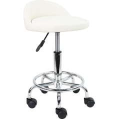 Kktoner Rolling Stool, Office Stool, Swivel Chair, Height-Adjustable, Swivel Stool with Low Backrest and Footrest, Made of PU Leather, White