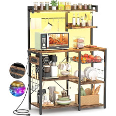 Aheaplus Baker's Rack with Socket and LED Fairy Lights, Microwave Stand, Kitchen Rack with Wire Basket, Coffee Bar, Station, Island Table with 10 Hooks for Spices, Pots, Rustic Brown