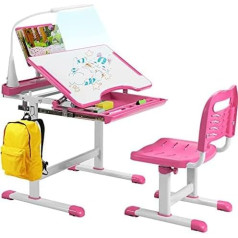Generisch Children's Table and Chair with Book Stand & LED Light, Height-Adjustable Children's Desk Set with Tilted Table Top & Drawer, Children's Desk for Boys and Girls (Pink)