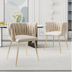 Merax Dining Room Chairs, Set of 2, Modern Armchairs with Armrests and Curved Backrest, Handwoven Design, Velvet Gold Legs, Kitchen Chair, Cosmetic Chair, for Living Room, Bedroom, Office, Beige