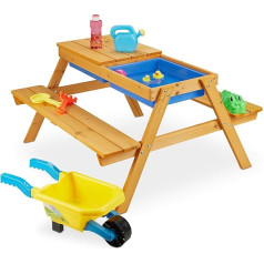 Relaxdays Children's Wooden Seating Set, 2-in-1 Play Table & Mud Kitchen, Picnic Table for Garden, H x W x D: 49 x 90 x 85 cm, natural