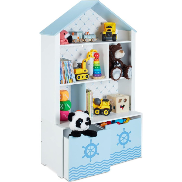 Relaxdays Children's Shelf, Seafaring, 5 Compartments, 2 Rolling Boxes, H x W x D: 128 x 75 x 34 cm, House Shape, Toy Storage, White/Blue, Fibreboard, 128 x 75 x 34 cm