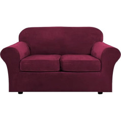 XDKS Velvet Plush 3 Pieces Stretch Sofa Cover Velvet Sofa Slipcover Loveseat Cover Furniture Protector Couch Soft Loveseat Slipcover for 2 Cushions Couch with Elastic Base (Wine Red)