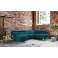 Miuform Corner Sofa U-Shape with Bed Function and Bed Box Headrest, Sweet Harmony Corner Sofa, Living Area Sofa Bed, Easy Clean Fabric Velvet (Turquoise, Right Orienting)
