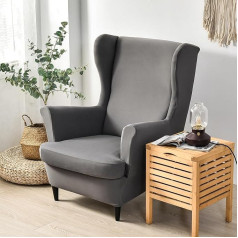 ‎Yanclife 2 Pieces Wing Chair Set, 2 in 1 Design Solid Color Jacquard Thick Velvet Wing Back Chair Covers Armchair Stretch Covers for Wingback Armchair Living Room Bedroom Hotel (Grey)