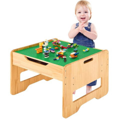 Funlio Height-Adjustable Wooden Play Table for Children from 3 Years, Solid Wood Children's Play Table with Storage Space and 450 Building Blocks, 2-in-1 Activity Table for Playing/Learning, CPC