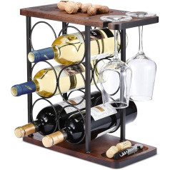 Ouseen Wine Rack with Glass Holder, Table Wine Holder with Tray, Freestanding Wooden Wine Rack, Perfect for Home Decoration & Kitchen Storage Rack etc (Holds 6 Bottles and 2 Glasses)