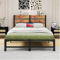 ‎Verfarm VERFARM Metal Bed Frame 140 x 200 cm Double Bed Single Bed Frame, Modern Youth Bed with Slatted Frame, Wooden Bed Frame with Storage Space Headboard, for Bedroom, Guest Room, Vintage Brown