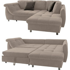 Luma-Home Schönes Für Dein Zuhause Corner Sofa with Extendible Sleep Function 250 x 190 cm, Wave Support and Comfort Foam, Longchair Ottoman Right Ottoman Cover, Microfibre Cover in Light Brown, 2 Decorative Cushions Grey/Brown / 17011