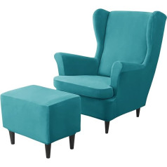 ‎Jhld Stretch Cover for Wing Chair with Ottoman Protective Cover, Velvet Cover for Wing Chairs, 2 Pieces, Wing Chairs, Protective Cover, 1 Piece Ottoman Cover, Teal Green, 3 Pieces