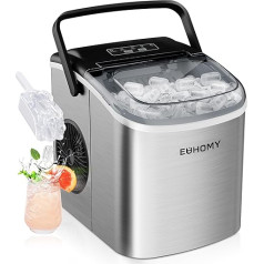 EUHOMY Ice Cube Maker, 12kg in 24 Hours, 9 Ice Cubes in 8 Minutes Stainless Steel Powerful Ice Maker with Carry Handle Spoon for Home/Kitchen/Camping