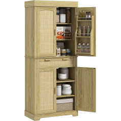 Homcom Boho Style Tall Sideboard with 2 Cabinets and One Drawer, Kitchen Furniture with Wooden Rattan Spice Rack, 76 x 40 x 183 cm, Oak