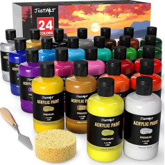 JusArt Acrylic Paint Set, with 24 Acrylic Colours (250 ml each), Large Bottles, Non-Toxic Acrylic Paint, Waterproof and Lightfast, for Artists, Wood, Fabric, Canvas, Leather and Stone