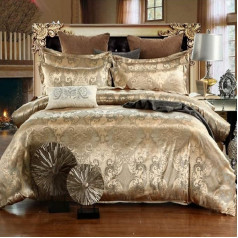 Satin Bed Linen 220 x 240 cm, Jacquard Microfibre Golden Yellow, Reversible, 3 Piece, 100% Breathable, Comfortable, for Hot Days, Flowers, Gold Duvet Cover, Double Bed, 2 Pillowcases 80 x 80 cm