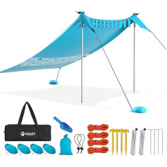 VILLEY Sun Tent 2 m x 2.4 m Blue, UPF50+ UV Protection Lycra Beach Tent for 3 People, Parasol Beach with Sandbag and 2 Support Poles for Picnic, Fishing, Sun Protection