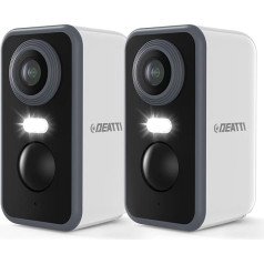 Deatti Surveillance Camera Outdoor Battery, 2K Camera Wireless WiFi Outdoor/Indoor, Camera Outdoor with PIR Motion Sensor, 2-Way Audio, Colour Night Vision, IP66 Waterproof, Alexa, 2 Pieces