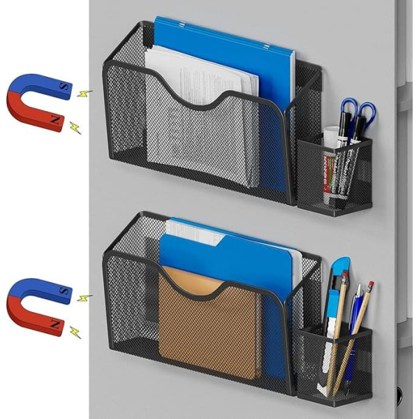 JANE EYRE Magnetic File Holder - 2 Pack Hanging Office File Folder Magazine Document Paper Letter Holder with 2 Pen Holders for Classroom Fridge Whiteboard No Drilling Required