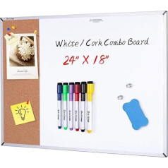 Whiteboard & Cork Notice Board 60 cm x 45 cm Combination Dry Erase Board & Cork Board Vision Board for Home Office School - Includes 6 Magnetic Markers, 1 Eraser, 2 Strong Magnets and 10 Pins