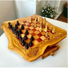 Handgefertigtes Schachspiel aus Olivenholz mit 32 handgeschnitzten Teilen, rustikales Schachbrett mit Schubladen, verschiedene Größen, Rot/Schwarz, Premium-Tisch-Schachspiel (25 x 25 cm, Spielfläche