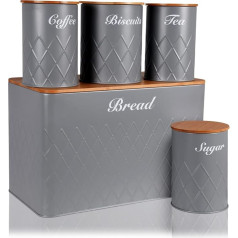 HOCHSTE Kitchen Storage Canisters 5 Piece Bamboo Lid Bread Bin Tea Coffee Sugar Round Grey 20 Pack