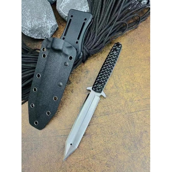 TEERMA DC1 - Large Hunting Knife Made of D2 Steel - Fixed with Sheath - Double-Edged Sword with G10 Handle - Full Tang Survival Knife for Outdoor Activities