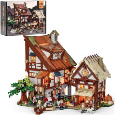 FUNWHOLE Medieval Market Building Set with LED - 2614 Pieces Clamping Blocks for Adults, Collectible & Decoration for Living Room, Desk or as a Gift